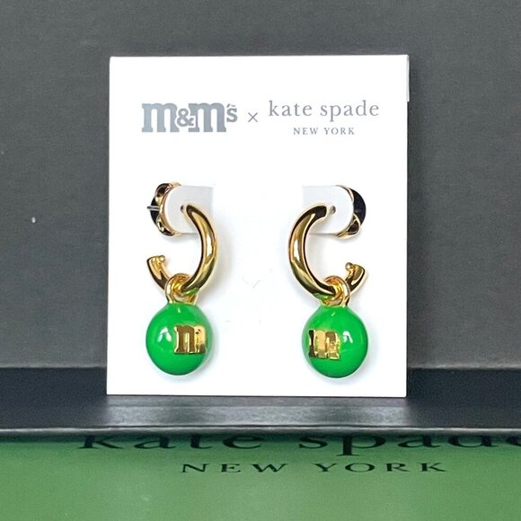 Kate Spade M&M's Green Charm Huggies Cuff Earrings Gold Tone Candy Post Back - Picture 2 of 6